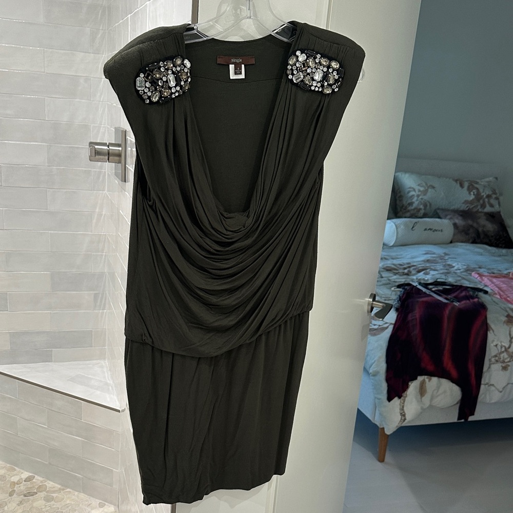 Single Dark Green Embellished Mini Dress with super soft fabric & shoulder pads